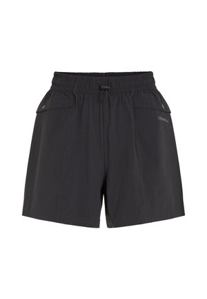 Black cargo shorts made of lightweight fabric feature an elastic waistband with a drawstring, two front pockets, and subtle branding.