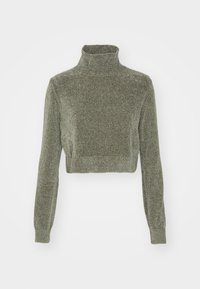 Krótki sweter z golfem w teksturowanym oliwkowo-zielonym splocie. Posiada długie rękawy i ściągacze, z prostym, czystym wzorem.