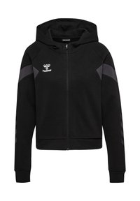 Svart hoodie med dragkedja, grå axelaccenter och logotyp på bröstet. Har ribbade mudd på ärmarna och reflexstripes på ärmarna.