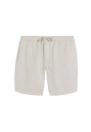 Pantalones cortos casuales de color beige claro con cintura elástica y cordón, con dos bolsillos laterales, mostrados planos sobre un fondo blanco.