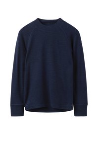 Navyblauwe lange mouwen crewneck trui met raglanmouwen en een klein logo-label op de linker bovenarm.