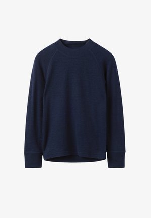 Navyblauwe lange mouwen crewneck trui met raglanmouwen en een klein logo-label op de linker bovenarm.