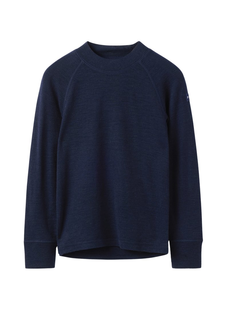 Navyblauwe lange mouwen crewneck trui met raglanmouwen en een klein logo-label op de linker bovenarm.