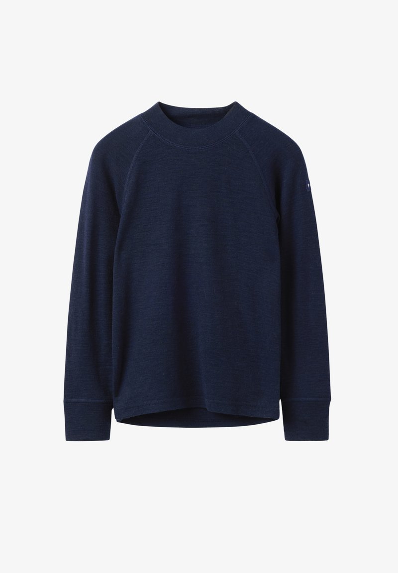 Navyblauwe lange mouwen crewneck trui met raglanmouwen en een klein logo-label op de linker bovenarm.
