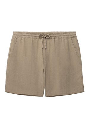 Béžové športové kraťasy s elastickým pásom a sťahovacou šnúrkou, bočné vrecká, dĺžka do polovice stehien, jednoduchý dizajn.