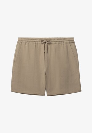 Pantalones cortos casuales beige con cintura elástica y cordón, bolsillos laterales, longitud hasta mitad del muslo, diseño liso.