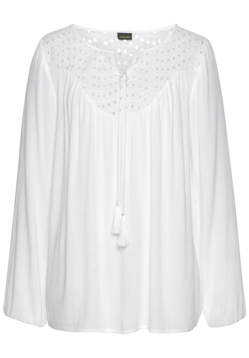 Witte blouse met lange mouwen, een gestructureerde bovenkant, oogjesdetail en een trekkoordhalslijn met franjes. Zacht, lichtgewicht stof.