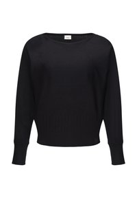 Pull en tricot noir avec un col rond large et des manches longues. Présente un ourlet inférieur et des poignets côtelés. Texture lisse avec une coupe classique.