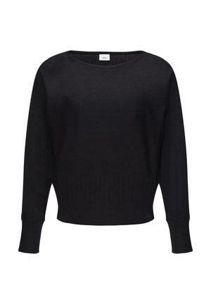 Schwarzer Strickpullover mit weitem Rundhalsausschnitt und langen Ärmeln. Mit geripptem Saum und Bündchen. Glatte Textur mit klassischer Passform.