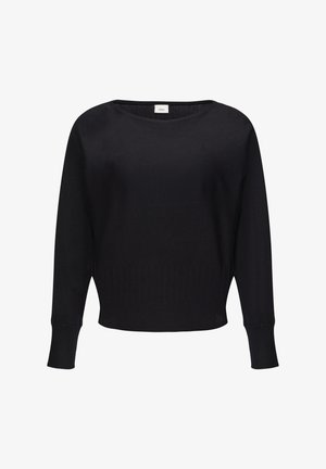 Czarny sweter dzianinowy z szerokim okrągłym dekoltem i długimi rękawami. Posiada prążkowany dół i mankiety. Gładka tekstura o klasycznym kroju.