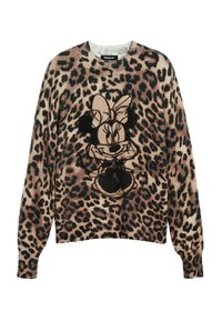 Pull en imprimé léopard avec un graphique noir et beige d'un personnage au centre. Matière en tricot, col rond, manches longues.