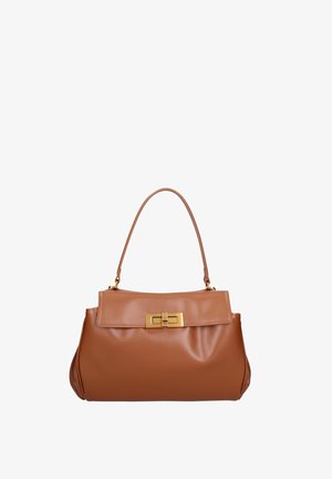 Borsa a mano in pelle marrone con forma arrotondata, parte superiore piatta e chiusura in metallo dorato. Presenta un manico singolo e una finitura morbida e testurizzata.