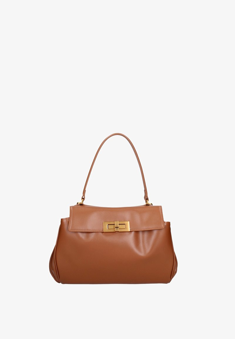 Bruine leren handtas met een ronde vorm, platte bovenkant en gouden hardware sluiting. Voorzien van een enkele handgreep en een zachte, textuurge finish.