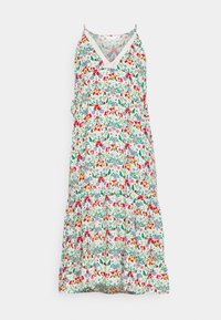 Abito floreale con spalline sottili, scollatura a V e gonna arricciata. Presenta una stampa floreale multicolore su sfondo bianco.