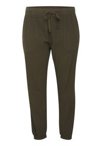 Khaki joggery w kolorze oliwkowym, wykonane z miękkiego materiału, z elastycznym pasem, sznurkiem do regulacji i bocznymi kieszeniami z przodu.