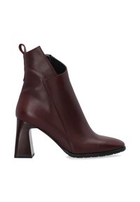 Bottines en cuir bordeaux avec un bout pointu, fermeture éclair sur le côté et un talon épais. Texture lisse avec une silhouette élégante et une languette.