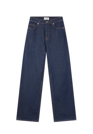 Granatowe dżinsy o szerokich nogawkach, wykonane z denimu, z pięcioma kieszeniami, z zapięciem na guzik i zamek błyskawiczny, z widocznym przeszyciem w kontrastowym kolorze.