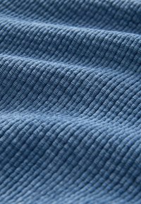 Tessuto in un morbido colore blu con una texture a coste, caratterizzato da linee verticali distinte e una sensazione liscia.