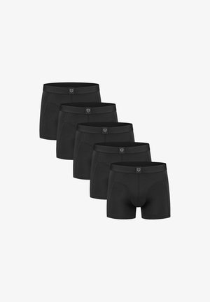Five pairs of black men's boxer briefs with elastic waistbands, arranged in a staggered row on a white background.