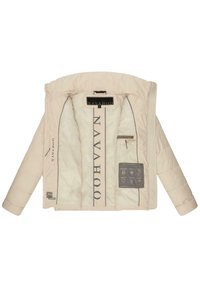 Beige insulated jacket with a quilted texture, featuring a logo, inner pockets, and contrasting gray stitching. Zippered front closure.