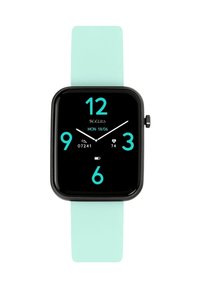 Vierkante smartwatch met een zwarte behuizing, een mintgroene siliconen band en een digitaal scherm dat de tijd en fitnessgegevens in helder turquoise weergeeft.