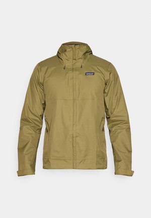 Olive green waterproof jacket with a hood, front zipper, and adjustable drawstrings; features a logo on the upper left chest area.