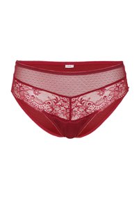 Slip rosso in pizzo con un design in rete trasparente a tessuto puntinato, dettagli in pizzo floreale e una vita liscia con cuciture decorative.