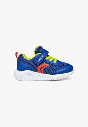 Niebiesko-pomarańczowe dziecięce buty sportowe z białą podeszwą, zielonymi sznurówkami, cholewką z siateczki, paskiem na rzep oraz pomarańczową pętelką z tyłu.