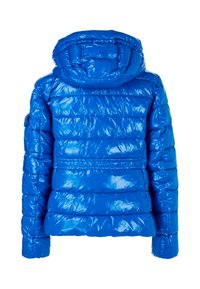 Blue puffer jacket with a shiny finish, featuring horizontal quilted sections, a hood, and long sleeves. No visible hardware or accents.