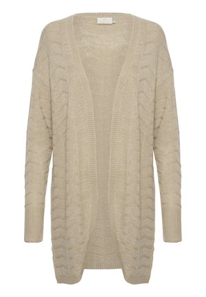 Beige open-front cardigan with a textured knit pattern, featuring wide sleeves and ribbed borders for added detail and comfort.