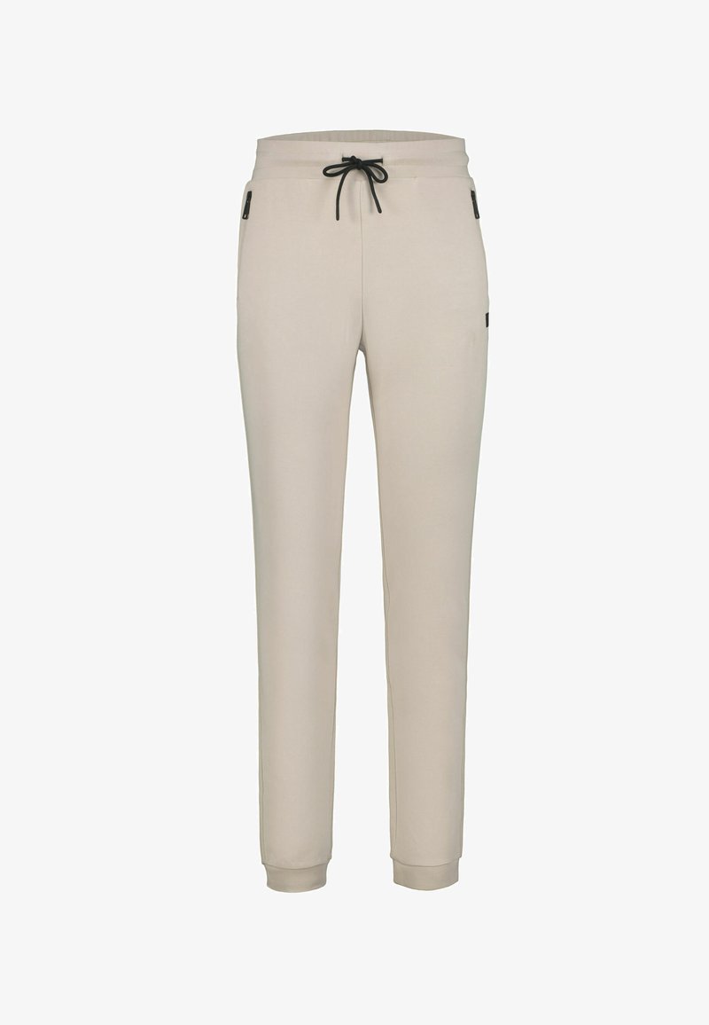Lichtbeige joggingbroek met een trekkoortsluiting in de taille, taps toelopende pijpen en zijzakken. Zachte stof met een gladde textuur en minimale accenten.
