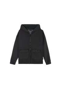 Haut à capuche zippé noir en tissu doux, doté d'une capuche spacieuse et de deux poches avant. Design simple avec des poignets et un ourlet côtelés.