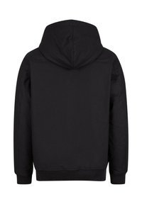 Svart hettegenser med snorhette, ribbede mansjetter og nederkant, samt en jevn tekstur, designet i en enkel og minimalistisk stil.