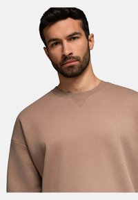 Felpa beige, tessuto testurizzato, vestibilità rilassata, scollo rotondo con dettaglio a V, finitura liscia, design minimalista, senza motivi o accessori.