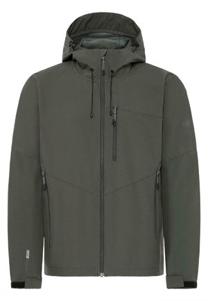 Veste softshell à capuche vert foncé avec fermeture éclair frontale, poche zippée sur la poitrine, poches zippées sur les côtés, poignets ajustables et cordons de serrage sur la capuche.