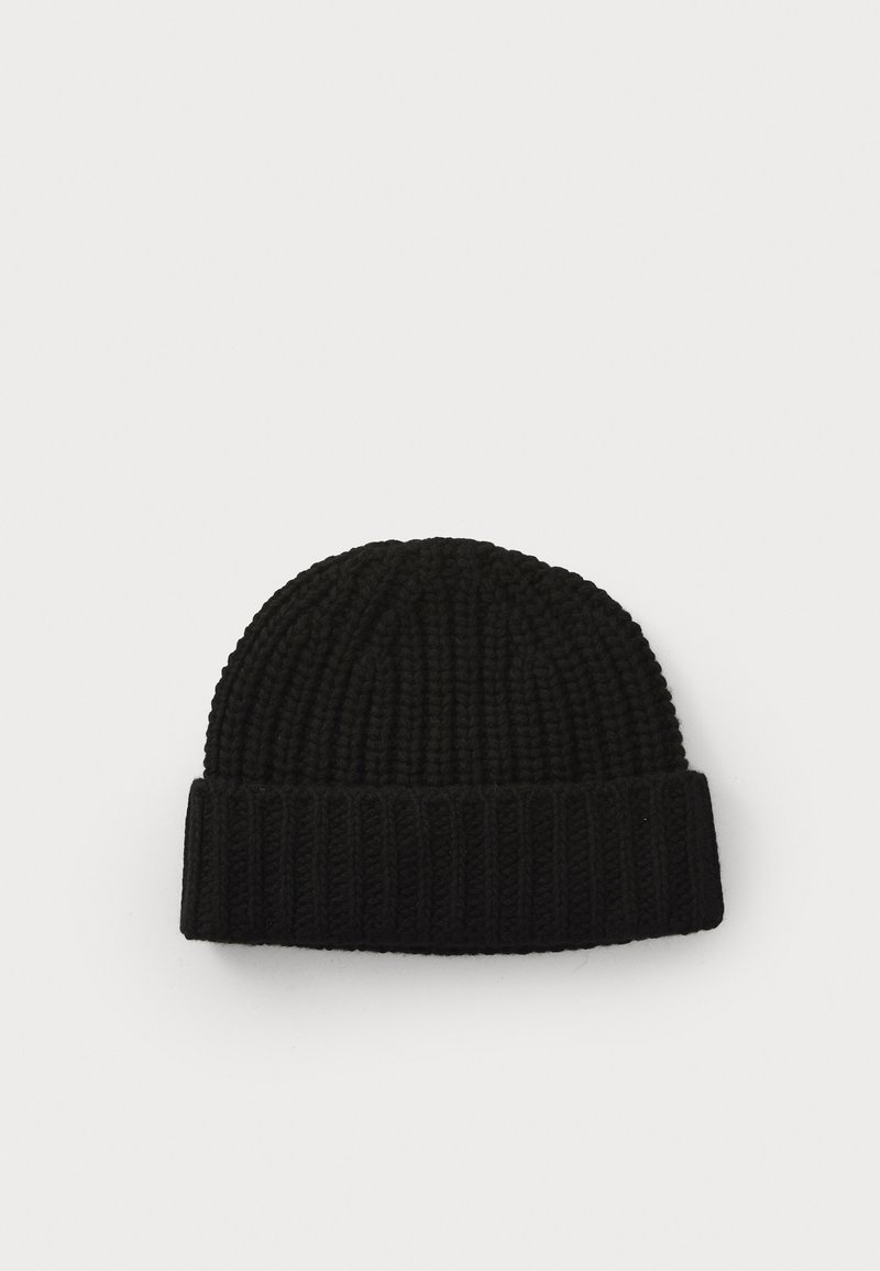 Black knit beanie featuring a ribbed texture and a folded cuff. The design is simple and classic, suitable for various styles.