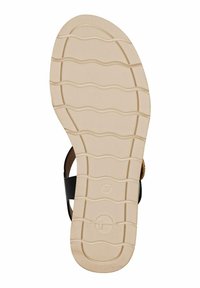 Zwarte sandaalzool met een gestructureerde, beige rubberen zool met golvende patronen. Maat 37 staat op de zool gemarkeerd.