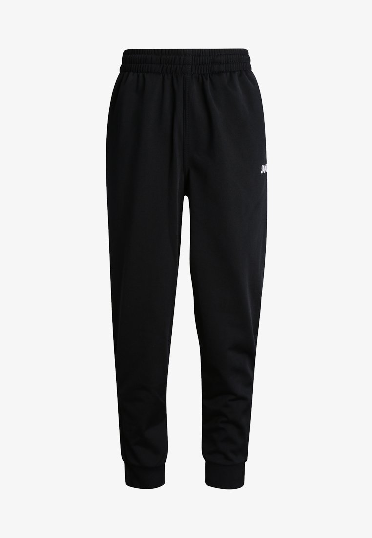 Zwarte joggers gemaakt van zachte stof hebben een elastische tailleband, taps toelopende benen en een klein logo op de linkerkant.