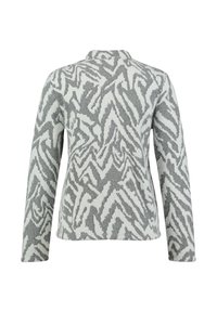 Szary i biały sweter z długim rękawem w wzór zygzaka, wykonany z teksturowanej tkaniny, z wysokim kołnierzem i prostym krojem.