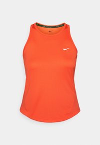 Mouwloze feloranje Nike hardlooptop met wit Swoosh-logo op de borst en "Nike Running" in de kraag.