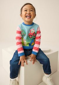Multicolored sweater with blue, pink, and white stripes; features embroidered tractor, animals, and trees; worn with blue jeans and white sneakers.
