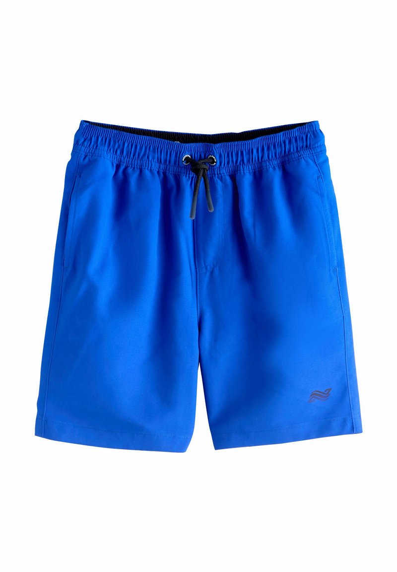 Niebieskie spodenki kąpielowe z elastycznym pasem, regulowanym sznurkiem i kieszeniami po bokach. Charakteryzują się gładką fakturą oraz małym logo.