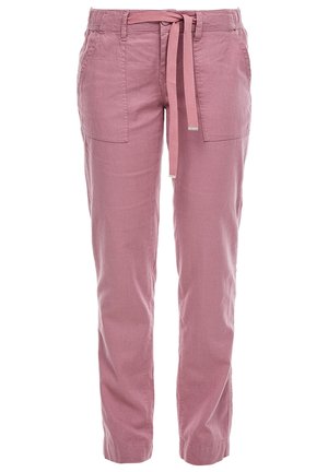Pantalon droit rose avec poches plaquées à l’avant et ceinture en tissu nouée à la taille.