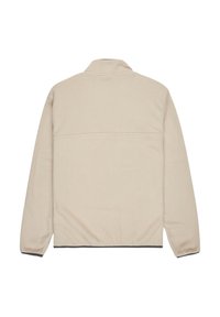 Chaqueta de polar beige con cuello alto, costuras planas y mangas largas. Presenta un acento de dobladillo oscuro y tela suave y texturizada.