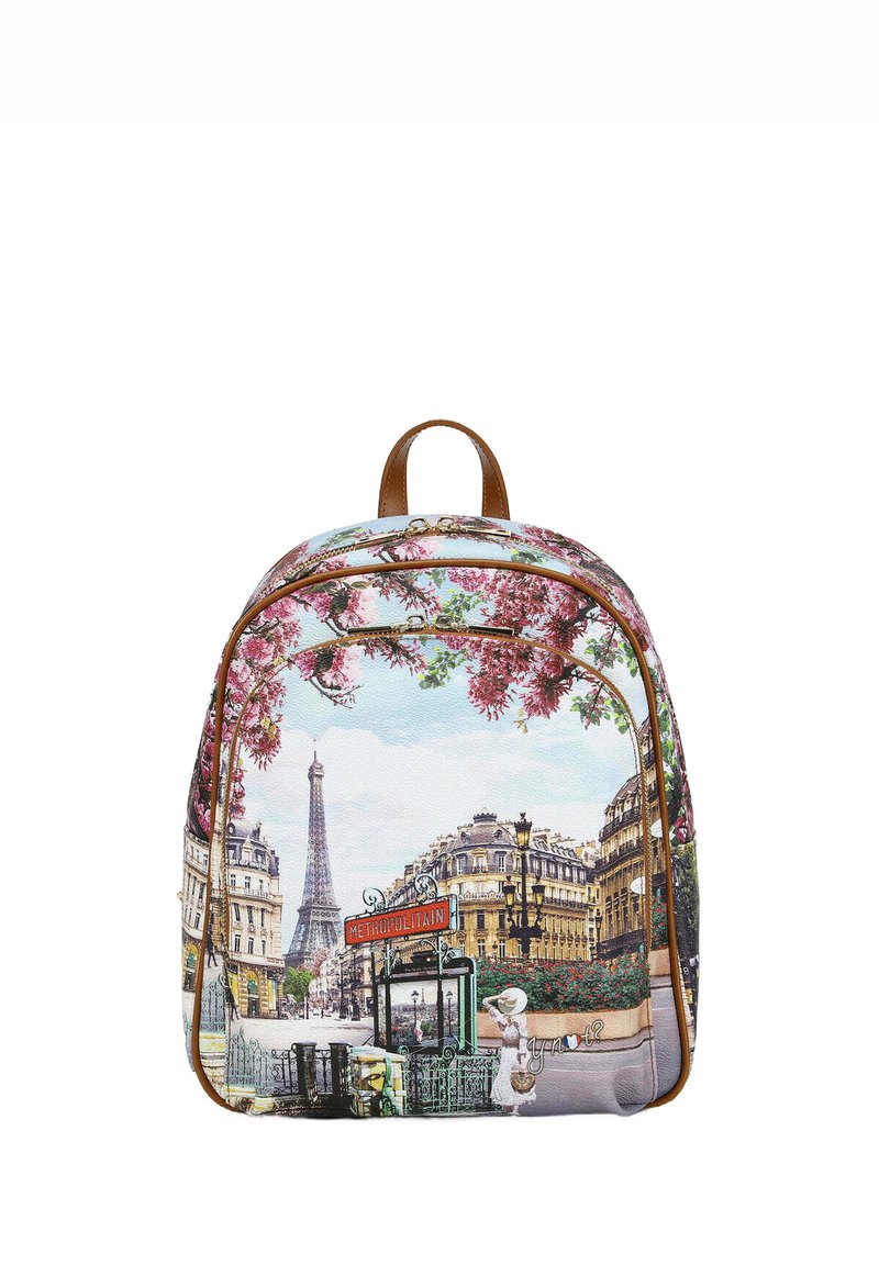 Zaino multicolore con uno skyline parigino arricchito da accenti floreali rosa. Realizzato in materiale testurizzato, con un manico superiore in pelle marrone e zip.