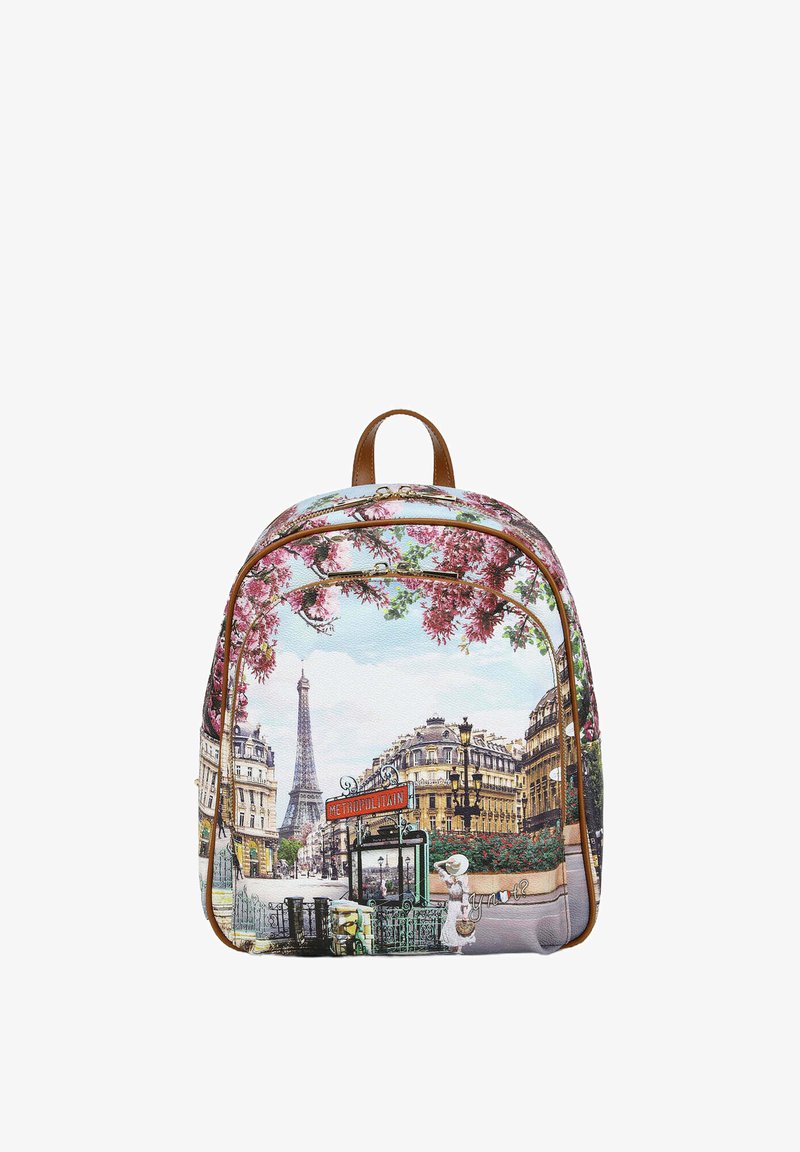 Zaino multicolore con uno skyline parigino arricchito da accenti floreali rosa. Realizzato in materiale testurizzato, con un manico superiore in pelle marrone e zip.