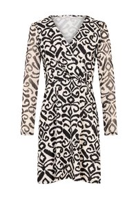 Robe portefeuille noir et blanc à manches longues, présentant un motif abstrait tourbillonnant, une texture douce, et une taille cintrée pour une silhouette ajustée.