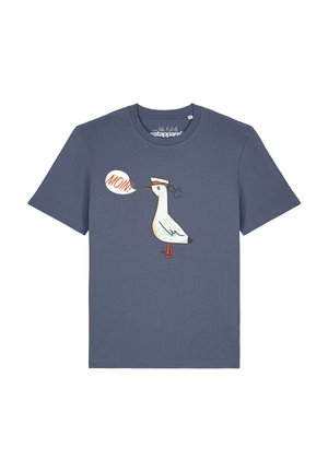 T-shirt bleu à manches courtes avec une mouette dessinée portant un chapeau de marin disant "MOIN!" dans une bulle de dialogue sur le devant.