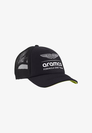 Berretto con rete nera sul retro, con il logo Aston Martin e la scritta "aramco FORMULA ONE TEAM" stampata in bianco sul pannello anteriore.