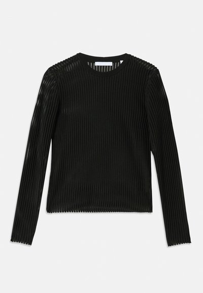 Black long-sleeve top featuring a ribbed texture, round neckline, and a straight cut. The fabric appears sheer and lightweight.